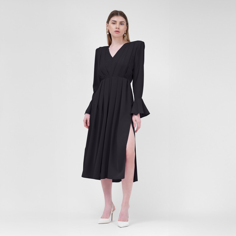 Thumbnail of Black Midi Dress With Pleats And Proeminent Shoulders image