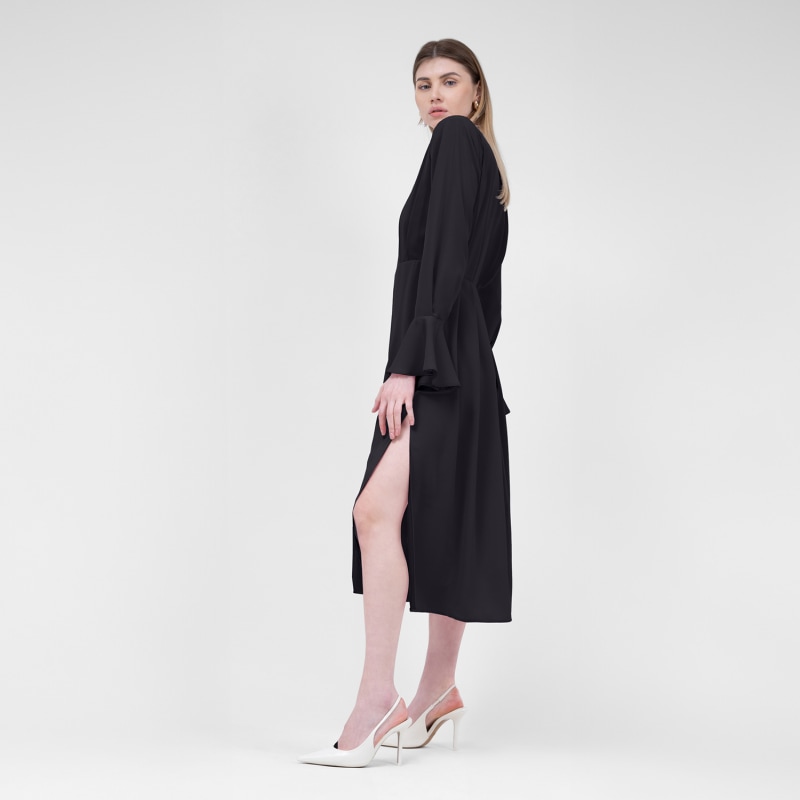 Thumbnail of Black Midi Dress With Pleats And Proeminent Shoulders image