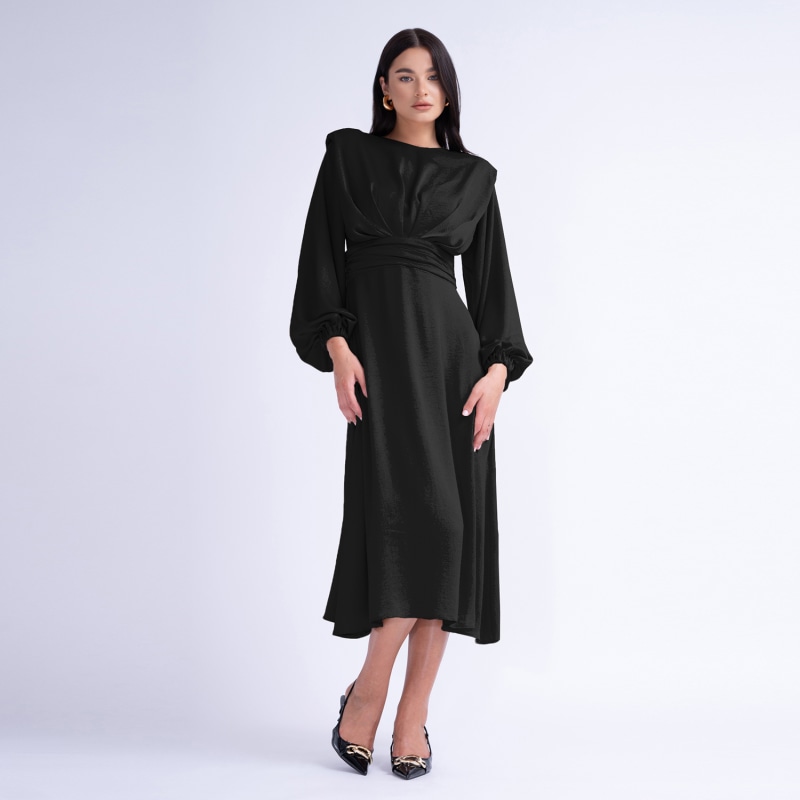 Black Midi Dress With Shoulder Pads Detail And Pleats by BLUZAT