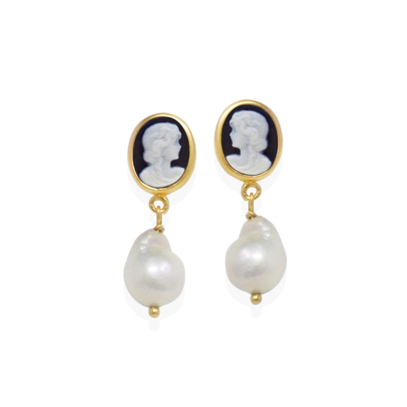 Thumbnail of Black Mini Cameo & Pearl Earrings image