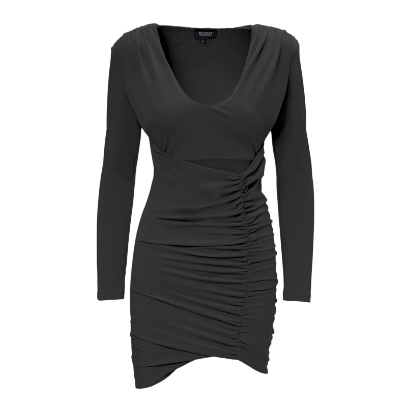 Black Mini Dress With Draped Shoulders And Cut-Out by BLUZAT