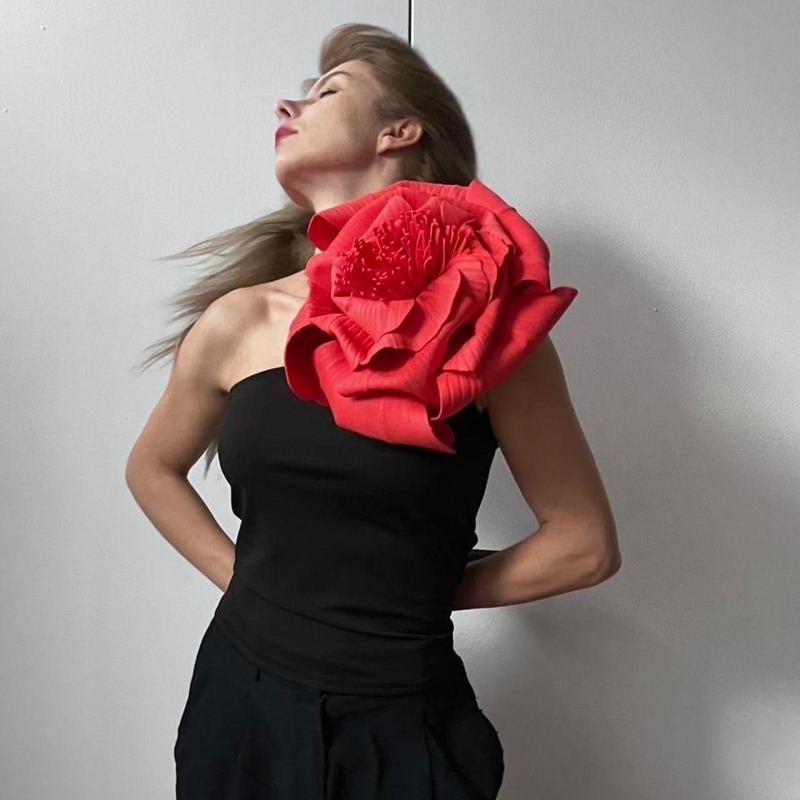 Black One Shoulder Top With Red Flower Pin London Atelier Byproduct