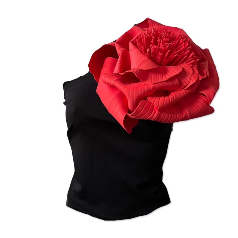 Black One Shoulder Top With Red Flower Pin London Atelier Byproduct