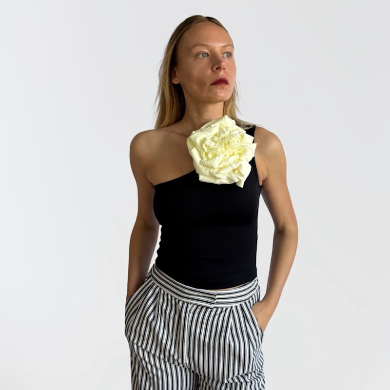 Black One Shoulder Top With White Flower Pin | London
