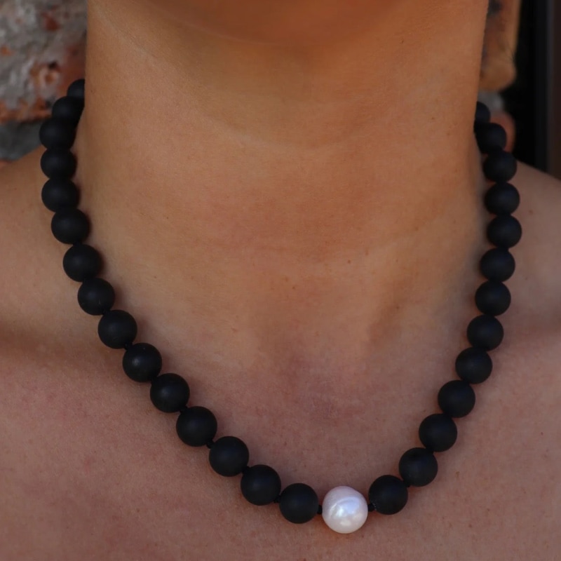 Thumbnail of Black Onyx, Pearl & Silver Fob Necklace image