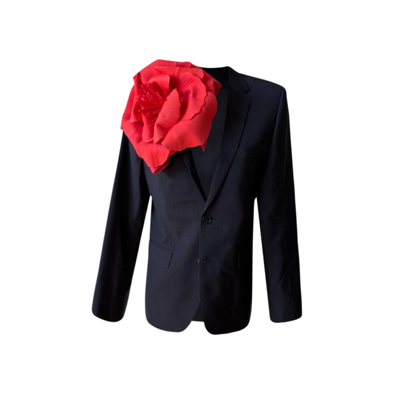 Black Blazer With Big Red Flower Pin by London Atelier Byproduct
