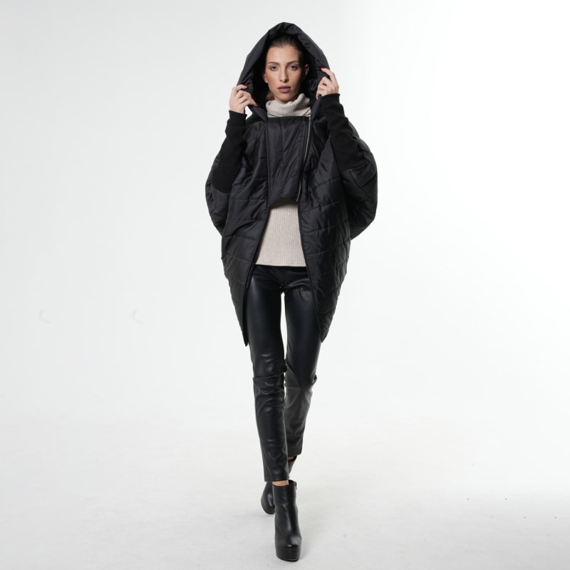 Asymmetrical puffer coat with hood shop