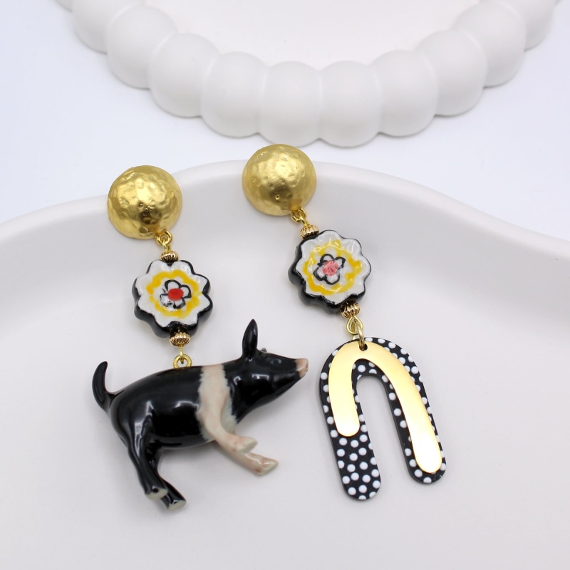 Thumbnail of Black Pig & Flower Gold Earrings image