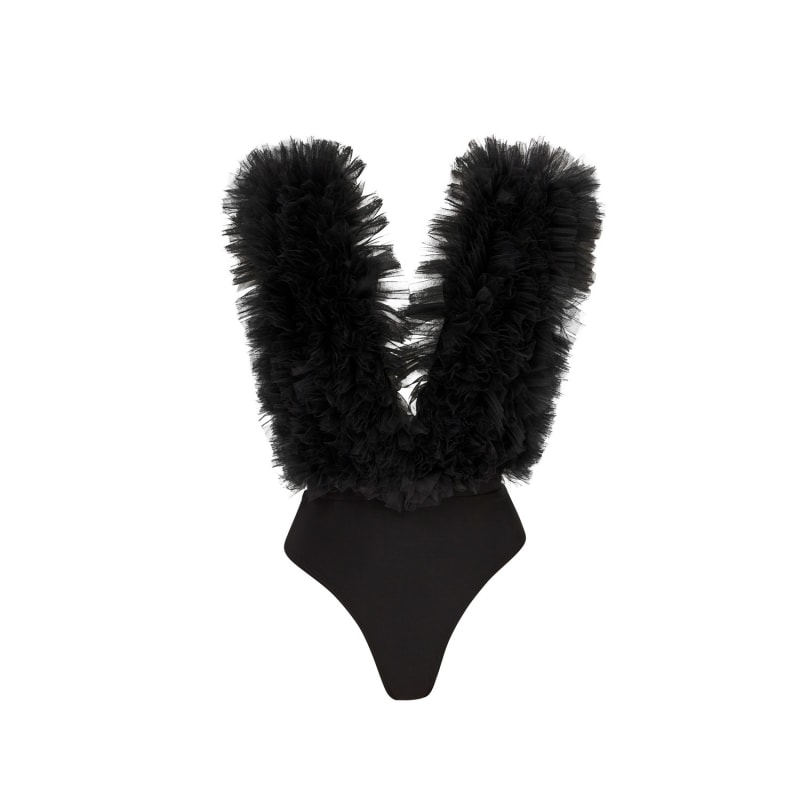 Signature Black Ruffled Tulle Bodysuit by LIA ARAM