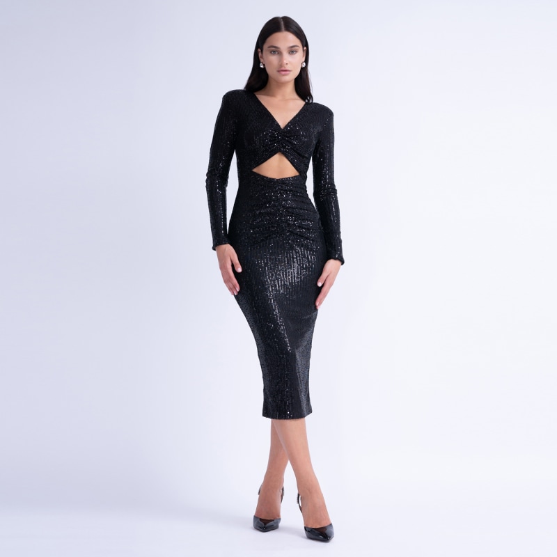 Black Sequin Midi Dress With Cut-Out And Gathered Detailing