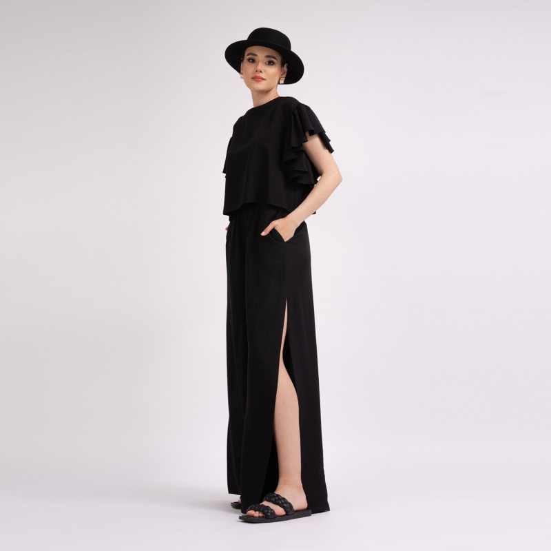 Thumbnail of Black Set With Ruffled T-Shirt And Trousers With Slits image