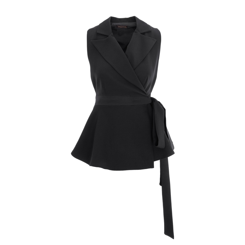 Black Sleeveless Wrap Peplum Lapel Neck Vest by concept A trois