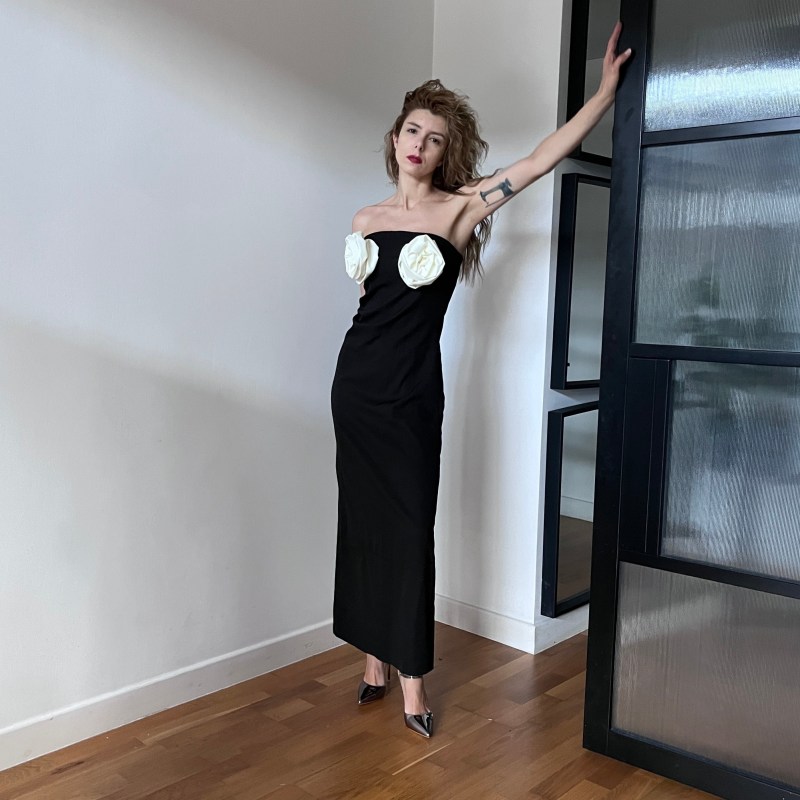 Black and white strapless dress hotsell