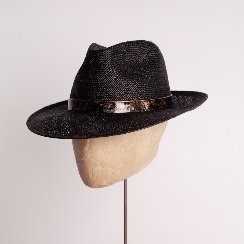 Thumbnail of Black Straw Trilby With Patent Leather Band And Gold Leaf Detail image