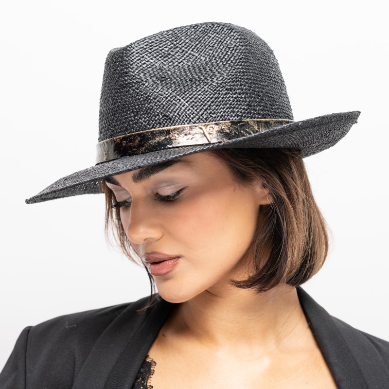 Thumbnail of Black Straw Trilby With Patent Leather Band And Gold Leaf Detail image