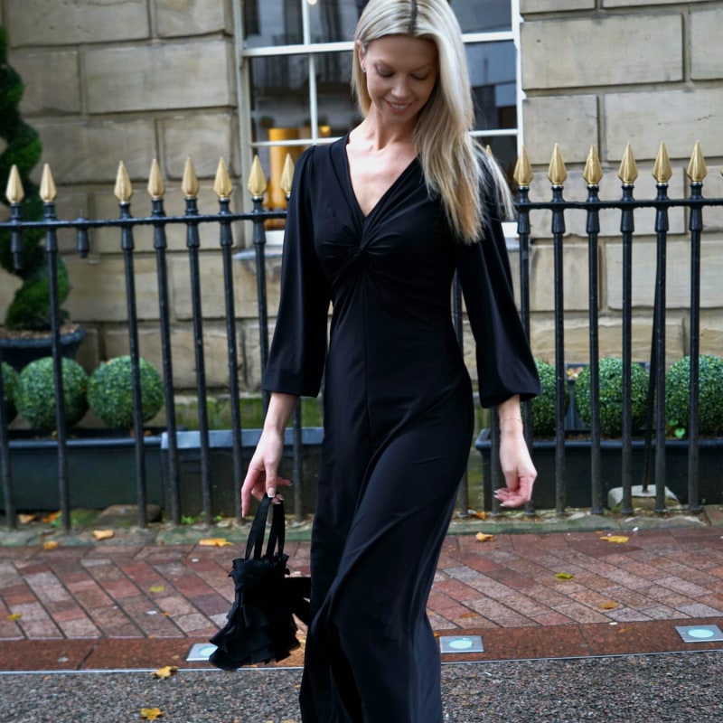 Thumbnail of Black Twisted Front Dress | Wanda Black Soft Jersey Maxi Dress image