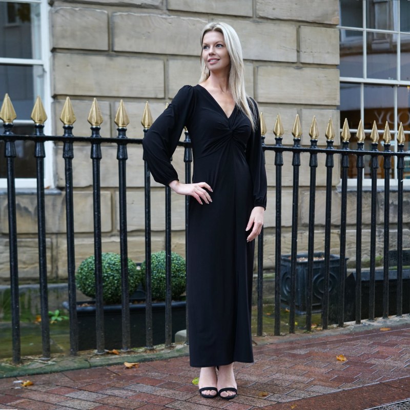 Thumbnail of Black Twisted Front Dress | Wanda Black Soft Jersey Maxi Dress image