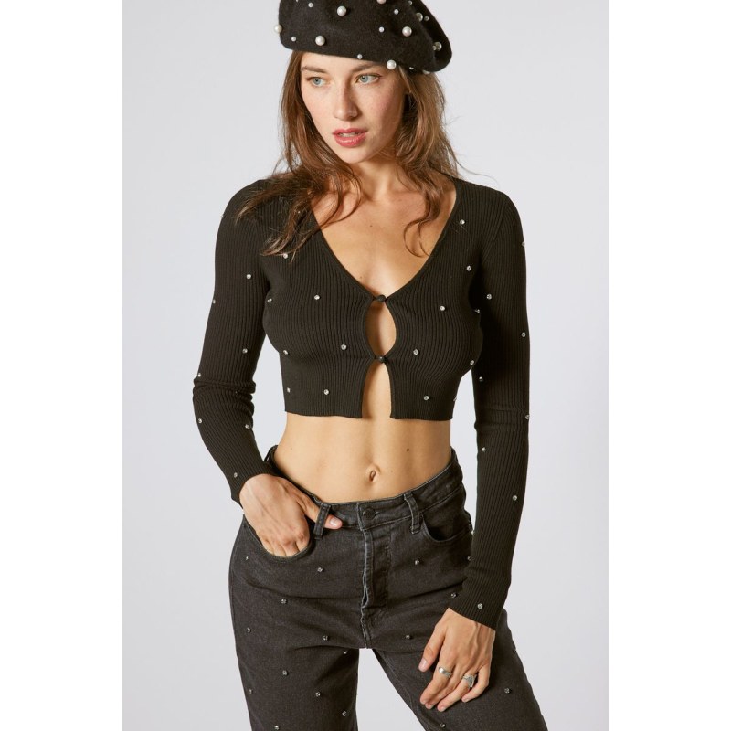 Thumbnail of Black V-Neck Knit Cardigan With Crystals image