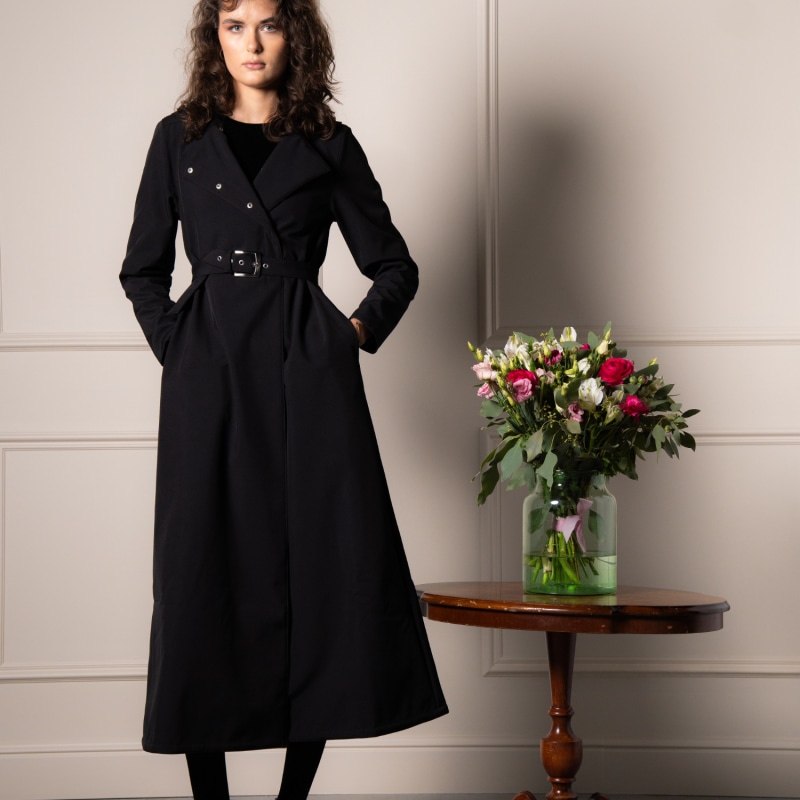 Thumbnail of Long Black Waterproof Coat In A-Line Cut: Black Classic image