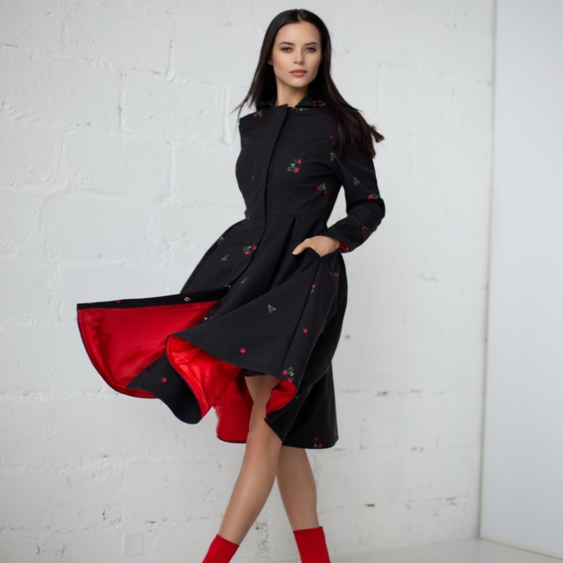 Black Waterproof Coat With Strawberry Print Wild Strawberry by RainSisters