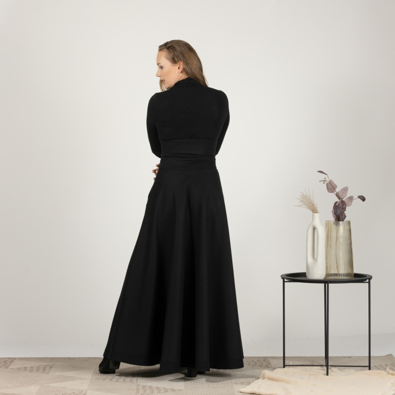Black Wool Floor Length Skirt With Hight Waist & Front Black Wool Floor Length Skirt With Hight Waist & Front