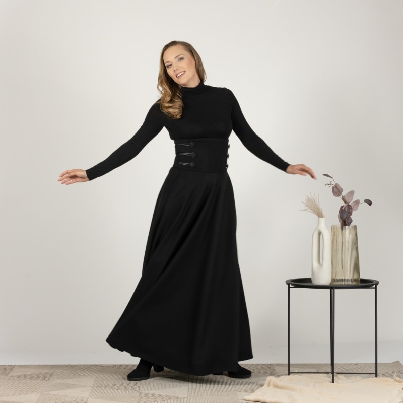 Black Wool Floor Length Skirt With Hight Waist & Front Black Wool Floor Length Skirt With Hight Waist & Front