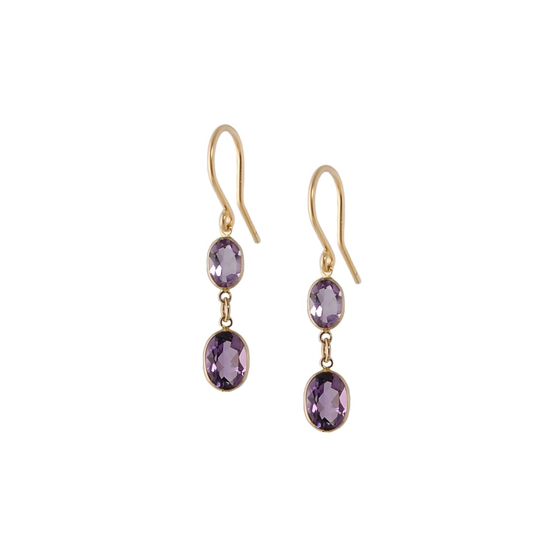 Large Two Stone Bezel Set Amethyst Earrings In 14 Karat Yellow