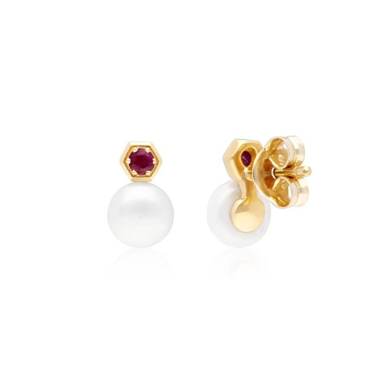 Thumbnail of Ruby & White Pearl Stud Earrings In Yellow Gold image