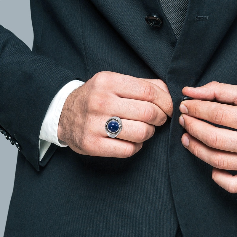 Thumbnail of Blue Apatite Stone Signet Ring In Black Rhodium Plated Sterling Silver image