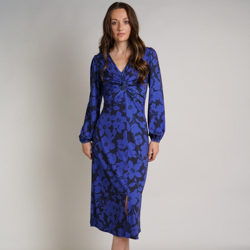 Thumbnail of Blue Floral Print Dress | Wanda Twisted Front Soft Jersey Midi Dress image