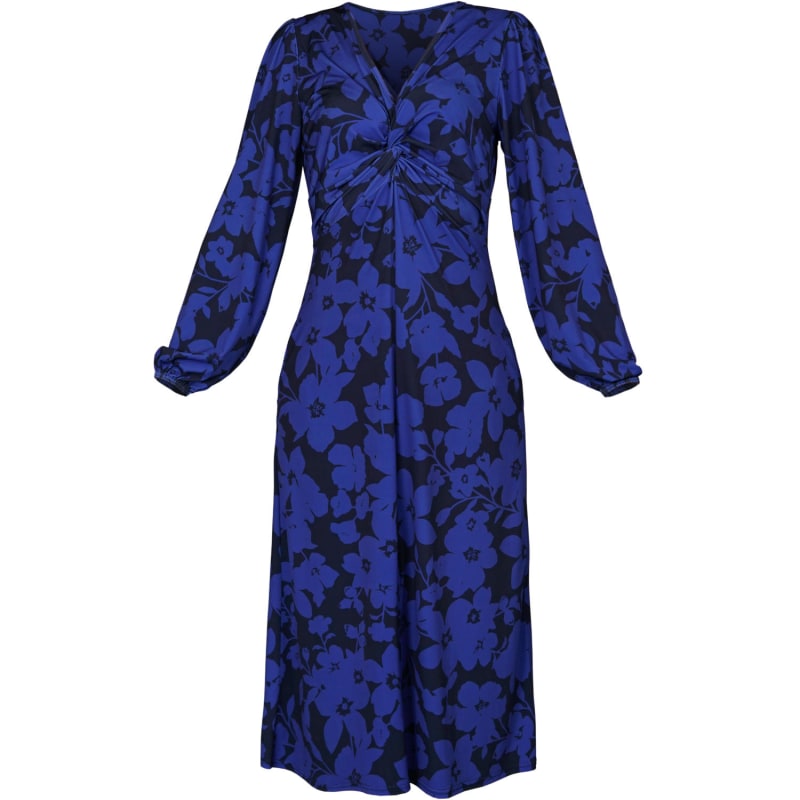 Thumbnail of Blue Floral Print Dress | Wanda Twisted Front Soft Jersey Midi Dress image