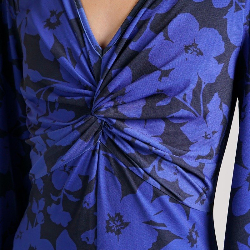 Thumbnail of Blue Floral Print Dress | Wanda Twisted Front Soft Jersey Midi Dress image