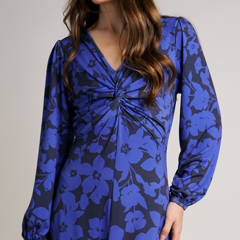 Thumbnail of Blue Floral Print Dress | Wanda Twisted Front Soft Jersey Midi Dress image