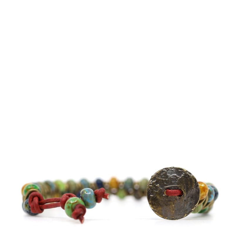 Thumbnail of Blue, Green & Turquoise Picasso Czech Beads & Red Leather Beaded Bracelet image