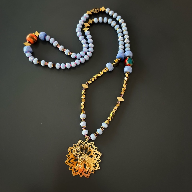 Thumbnail of Filigree Gold Lucky Elephant Pendant Hematite & Blue Beaded Necklace - Gold image