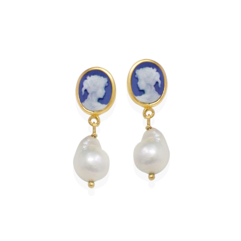 Thumbnail of Blue Mini Cameo & Pearls Stud Earrings image