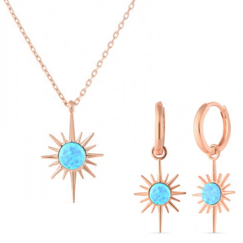 Thumbnail of Blue Opal Northernstar Drop Hoop Earring & Necklace Set In Sterling Silver - Rose Gold image