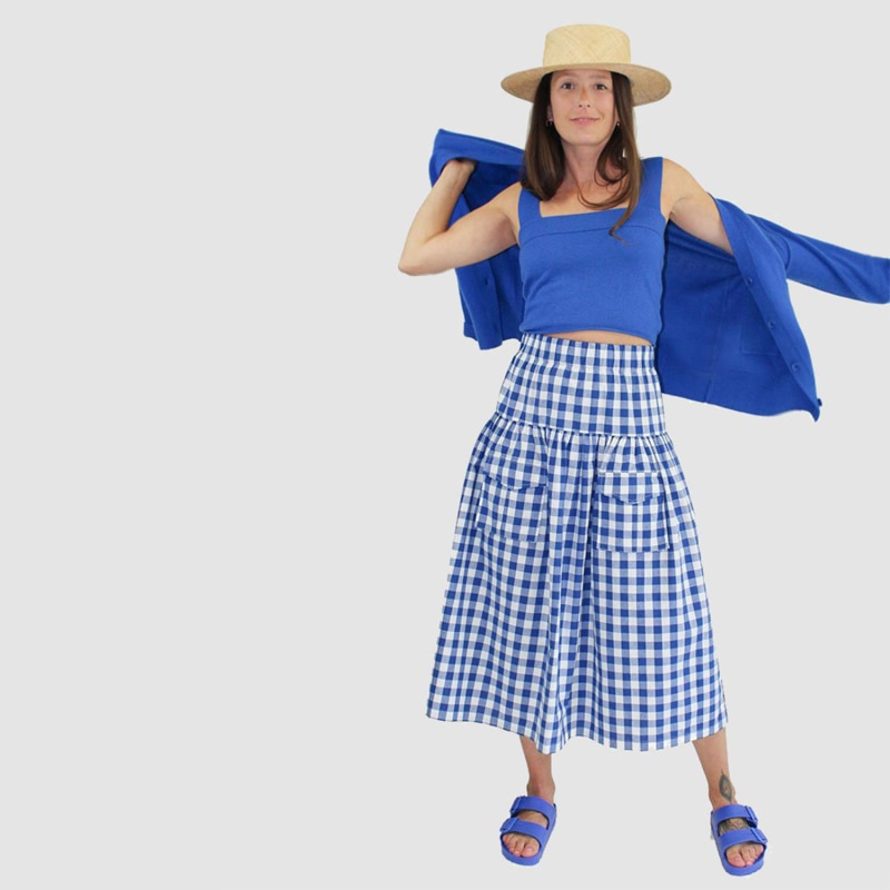 Thumbnail of Blue & White Gingham Check Linen Cargo Skirt image