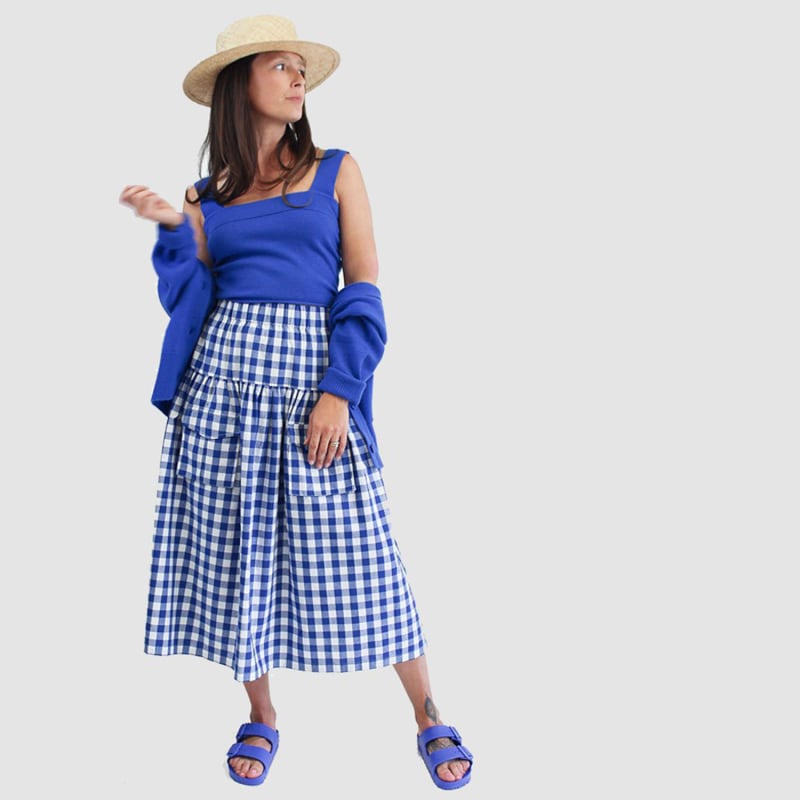 Thumbnail of Blue & White Gingham Check Linen Cargo Skirt image