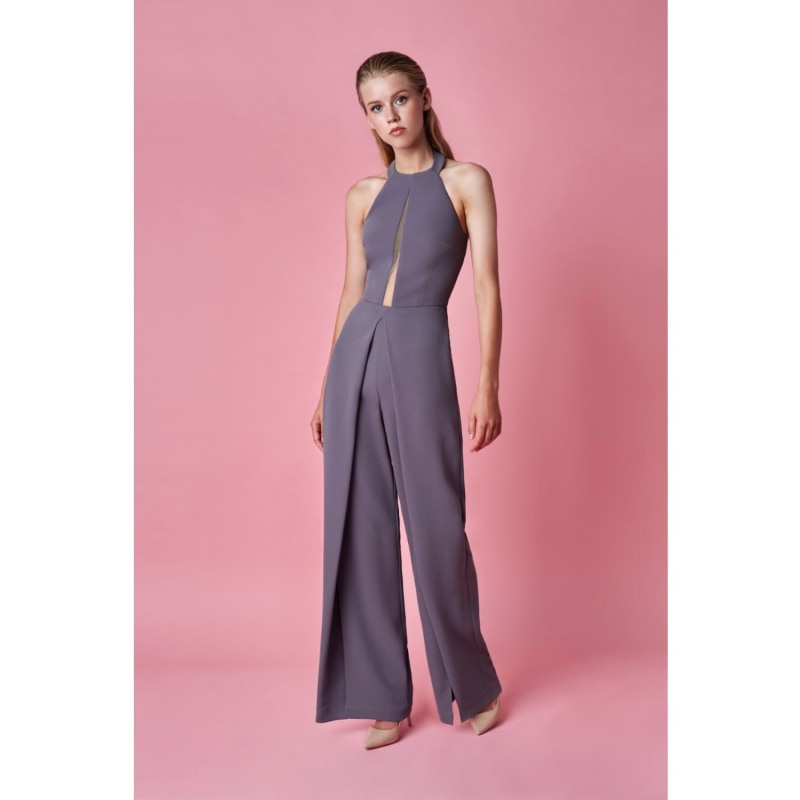 Nomi Grey Crepe Split Leg Jumpsuit by Nomi Fame