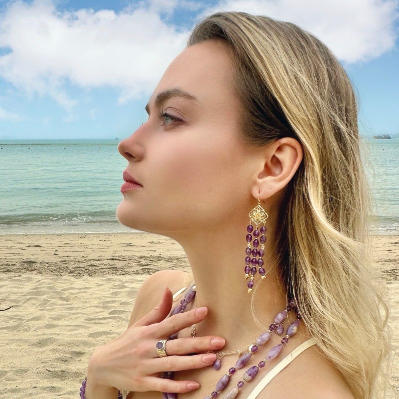 Thumbnail of Bohemian Amethyst Beaded Tassel Earrings image