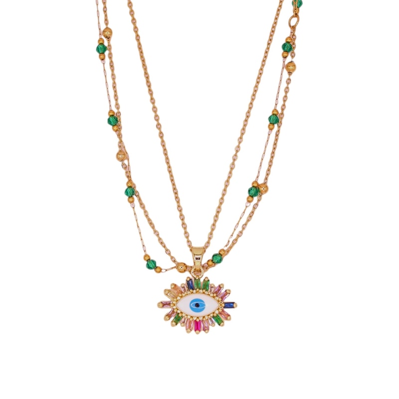 Thumbnail of Boho Chic Green Evil Eye Layered Necklace image