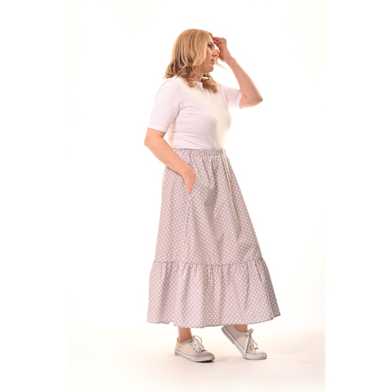 Boho Midi Skirt With Pockets In Grey Polka Dot Frock Tales Wolf Badger