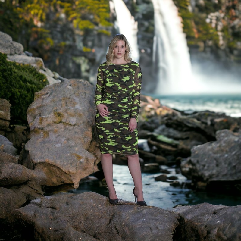 Thumbnail of Boudicca Neon Lime Camouflage Camo Ruched Bodycon Dress image