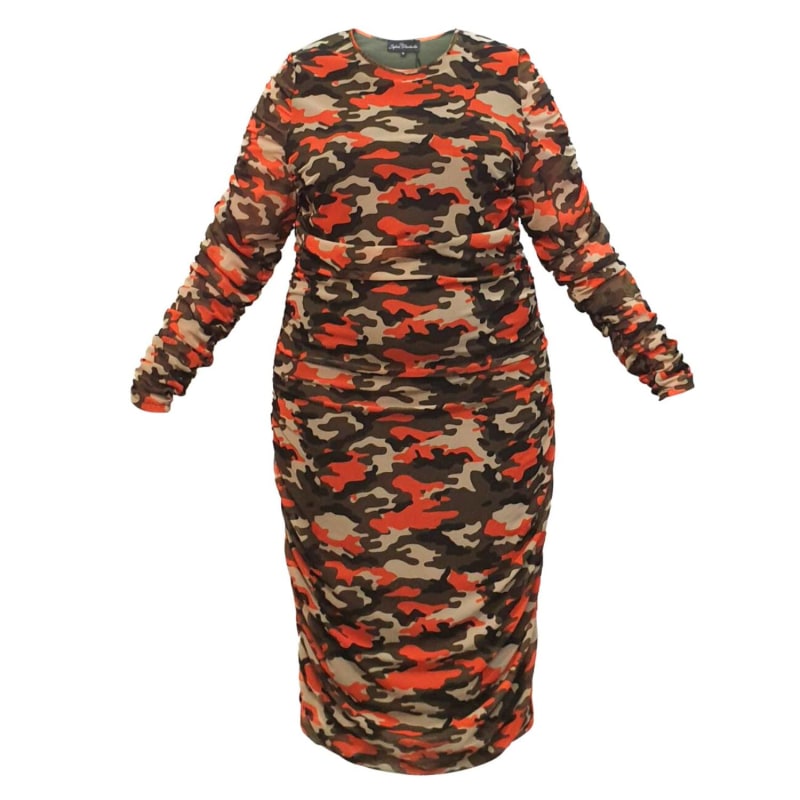 Thumbnail of Boudicca Orange Camouflage Camo Ruched Bodycon Dress image