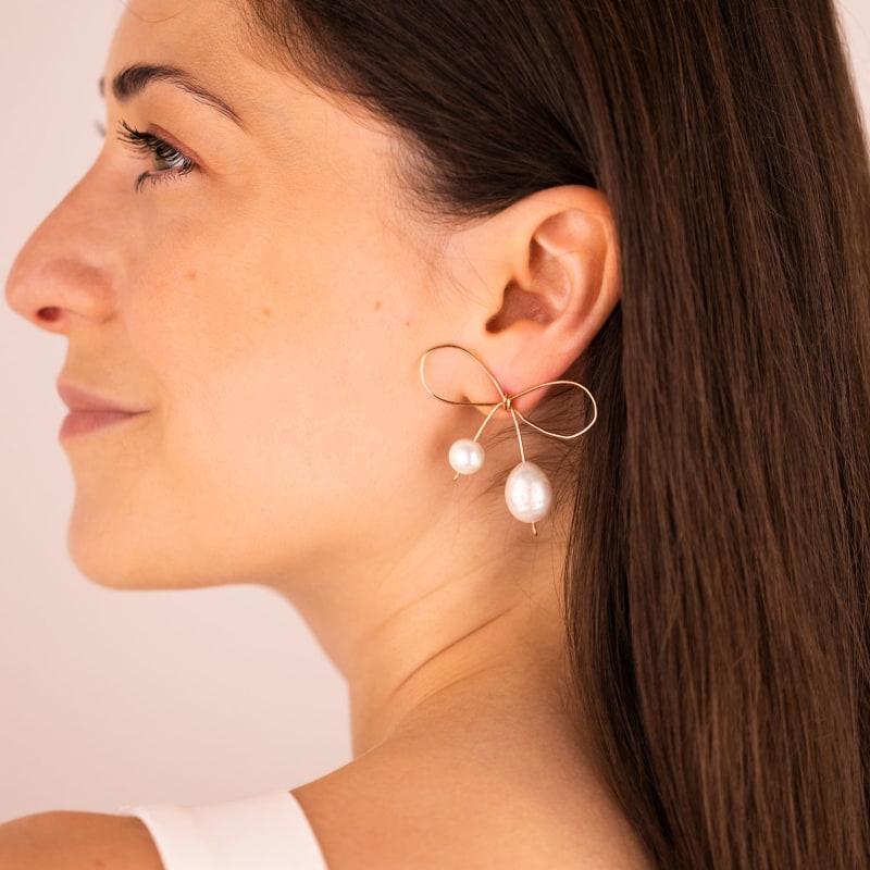 Baroque Pearl Ribbon And Bows Drop Earrings Rosegold, LATELITA