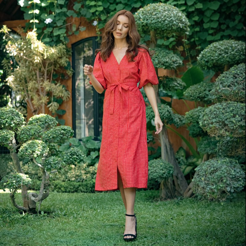 Thumbnail of Meghan Gingham Hemp Midi Dress, In Scarlet Red image