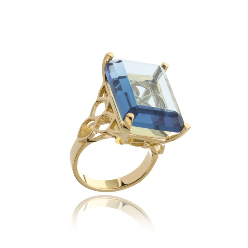 Thumbnail of Gold Blue Signature Rectangle Crystal Ring image