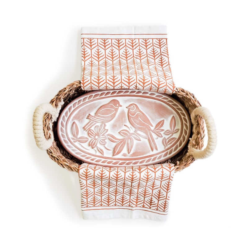 Thumbnail of Bread Warmer & Basket Gift Set With Light Brown Tea Towel - Lovebird Oval image