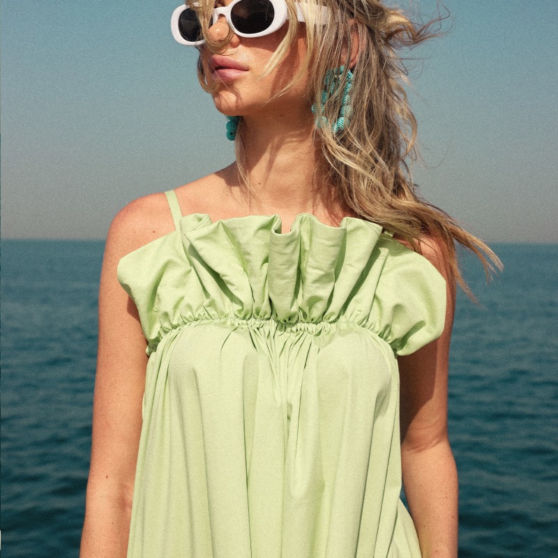 Thumbnail of Breezy Strap Dress With Gathered Style- Lettuce Green image